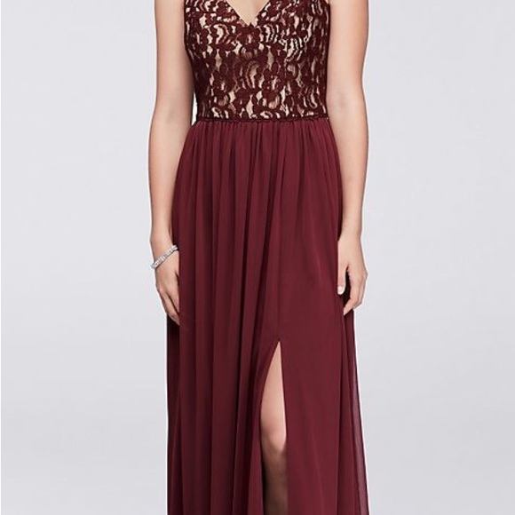 NWT Wine / Burgundy Deep Red Full Length Maxi Lace Dress w V Neck - Bridesmaid - Picture 3 of 5